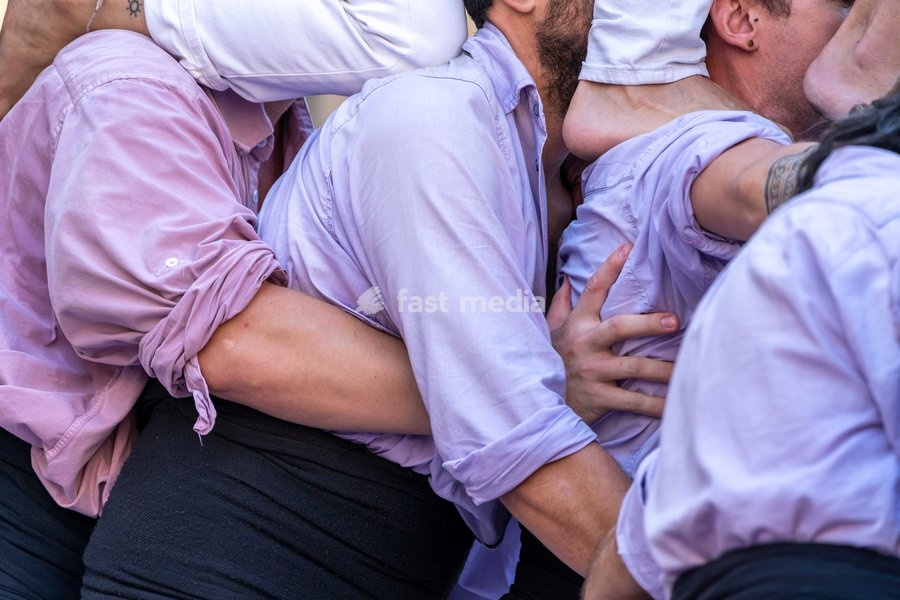 Members of Castellers de Terrassa during the human towers performance at the traditional La Mercè festival celebrations, September 27, 2026, Plaça Sant Jaume, Barcelona, Catalonia