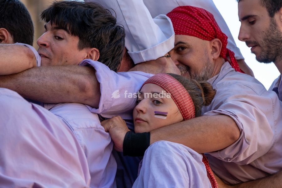 Members of Castellers de Terrassa during the human towers performance at the traditional La Mercè festival celebrations, September 27, 2026, Plaça Sant Jaume, Barcelona, Catalonia