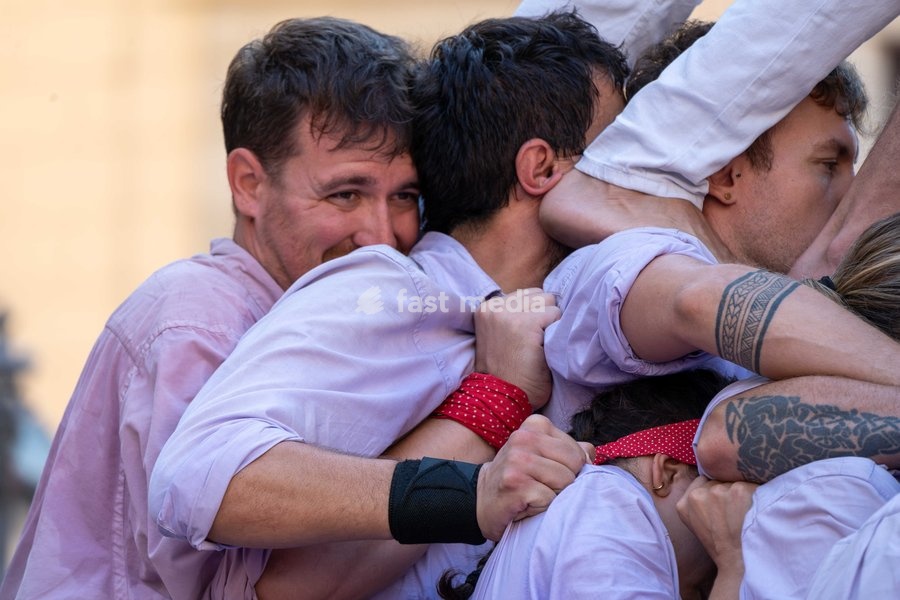 Members of Castellers de Terrassa during the human towers performance at the traditional La Mercè festival celebrations, September 27, 2026, Plaça Sant Jaume, Barcelona, Catalonia
