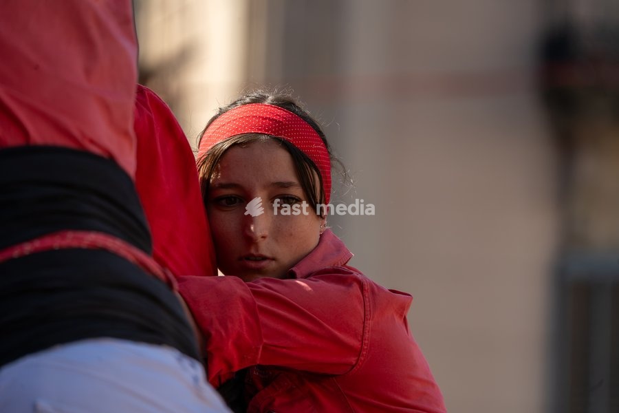 A member of Colla Jove dels Xiquets de Valls during the human towers performance at the traditional La Mercè festival celebrations, September 27, 2026, Plaça Sant Jaume, Barcelona, Catalonia