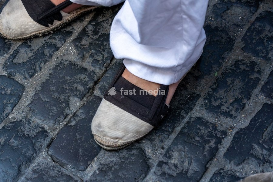A close-up of espardenyes, traditional Catalan footwear worn during the La Mercè festival celebrations, September 27, 2026, Plaça Sant Jaume, Barcelona, Catalonia