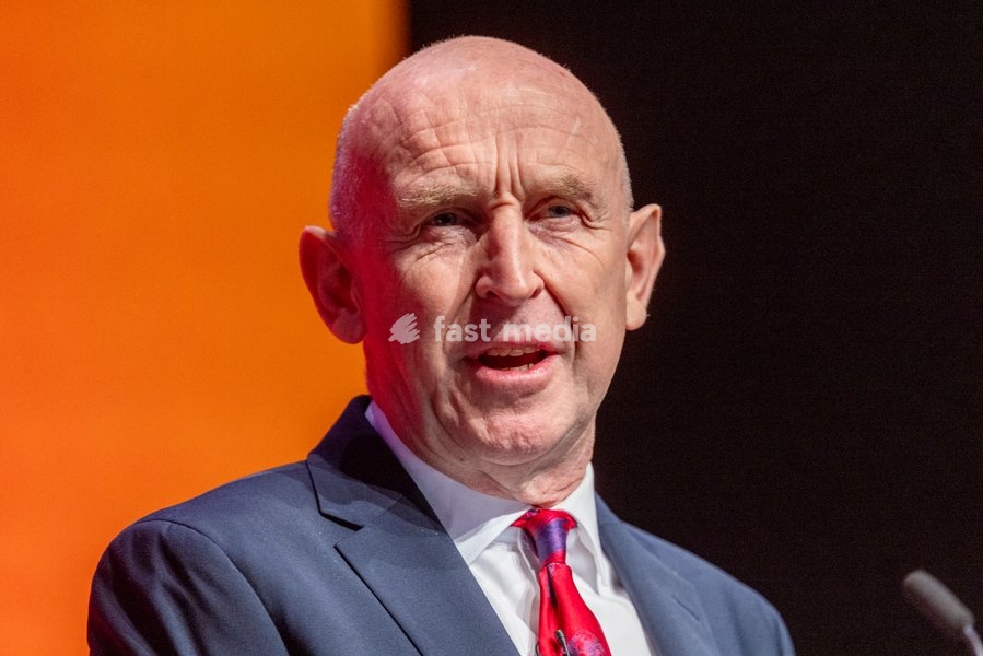 28 September 2026, Liverpool, UK. John Healey, Labour MP and Chancellor of the Exchequer, addresses delegates and attendees during Day 2 of the Labour Party Annual Conference 2026 at ACC Liverpool
