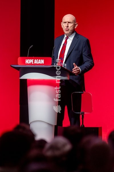 28 September 2026, Liverpool, UK. John Healey, Labour MP and Chancellor of the Exchequer, addresses delegates and attendees during Day 2 of the Labour Party Annual Conference 2026 at ACC Liverpool