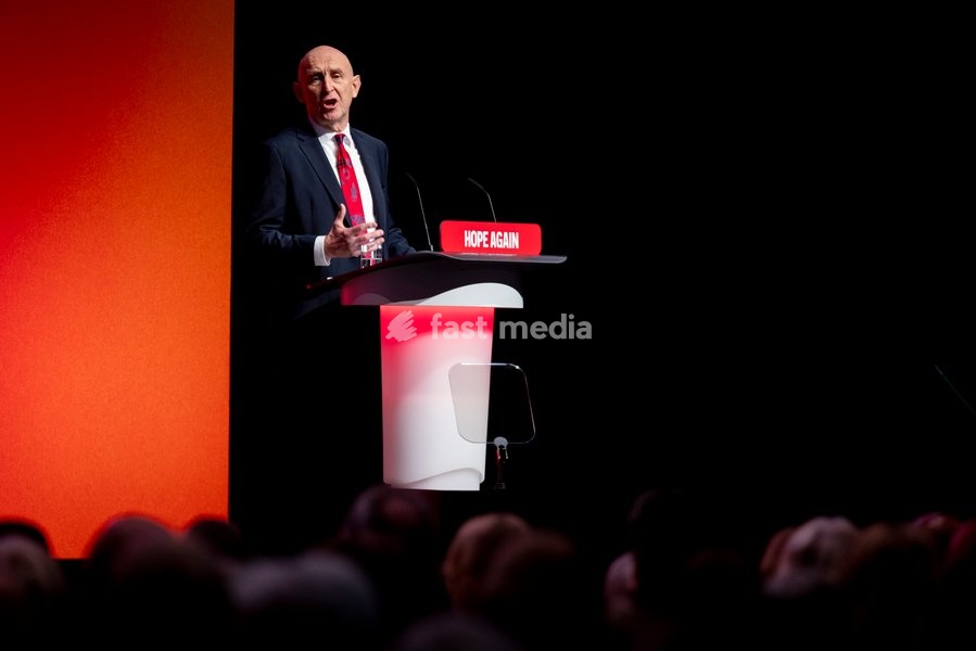 28 September 2026, Liverpool, UK. John Healey, Labour MP and Chancellor of the Exchequer, addresses delegates and attendees during Day 2 of the Labour Party Annual Conference 2026 at ACC Liverpool