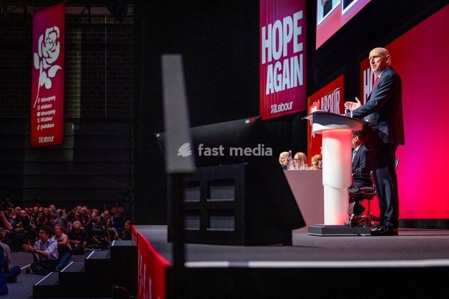28 September 2026, Liverpool, UK. John Healey, Labour MP and Chancellor of the Exchequer, addresses delegates and attendees during Day 2 of the Labour Party Annual Conference 2026 at ACC Liverpool