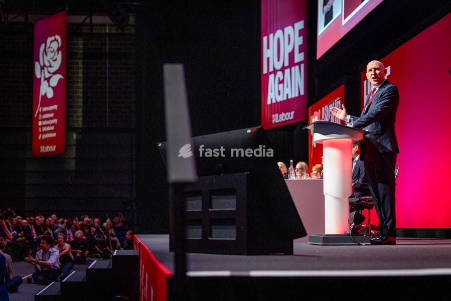 28 September 2026, Liverpool, UK. John Healey, Labour MP and Chancellor of the Exchequer, addresses delegates and attendees during Day 2 of the Labour Party Annual Conference 2026 at ACC Liverpool