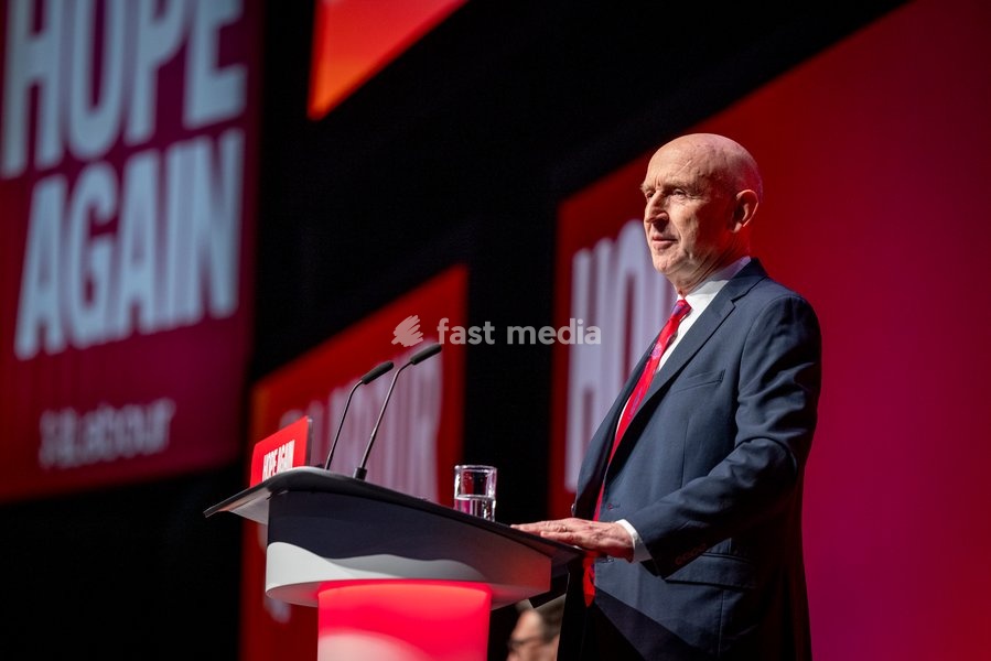 28 September 2026, Liverpool, UK. John Healey, Labour MP and Chancellor of the Exchequer, addresses delegates and attendees during Day 2 of the Labour Party Annual Conference 2026 at ACC Liverpool