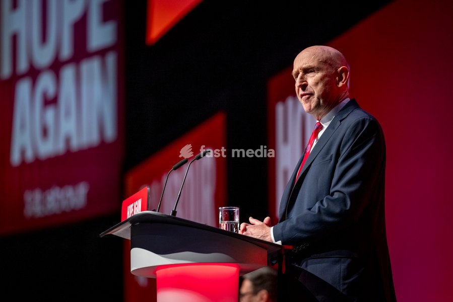 28 September 2026, Liverpool, UK. John Healey, Labour MP and Chancellor of the Exchequer, addresses delegates and attendees during Day 2 of the Labour Party Annual Conference 2026 at ACC Liverpool