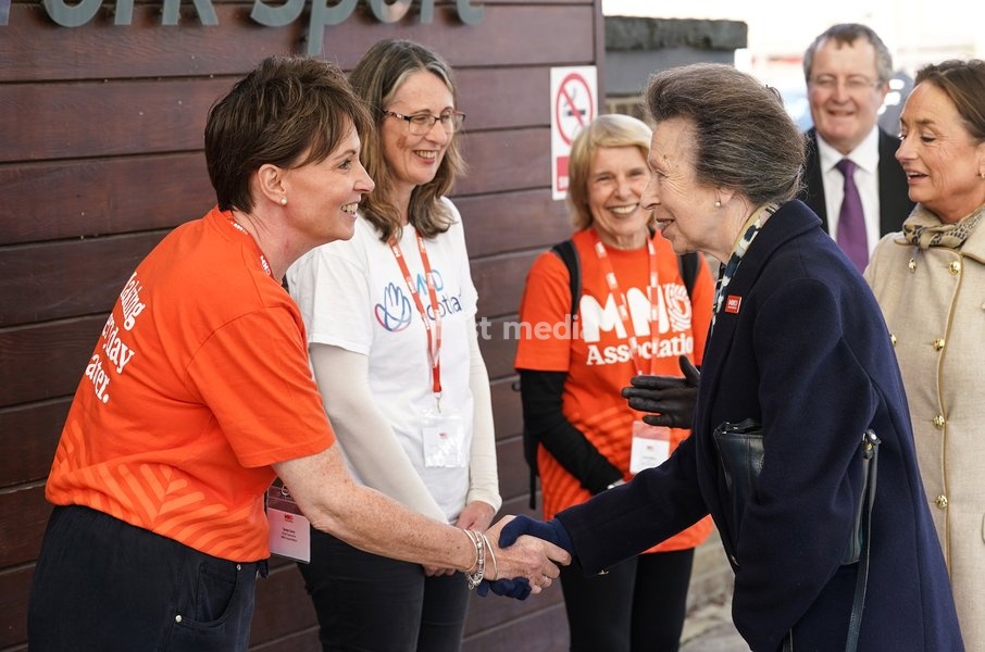 YORK, ENGLAND - SEPTEMBER 28: Princess Anne, Princess Royal shakes hands with Tanya Curry, Chief Executive of the Motor Neurone Disease (MND) Association during the 7 in 7: The Grand Finale at the University of York Athletics Track on September 28, 2026 in York, England. Sir Kevin Sinfield is…