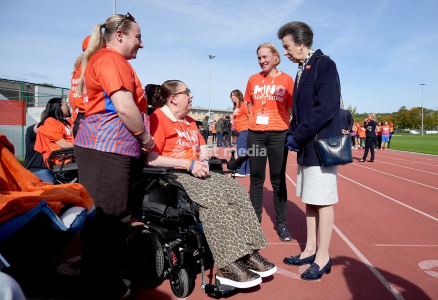 YORK, ENGLAND - SEPTEMBER 28: Princess Anne, Princess Royal shakes hands with Lynne Casey during the 7 in 7: The Grand Finale at the University of York Athletics Track on September 28, 2026 in York, England. Sir Kevin Sinfield is running an ultra marathon every day for seven days to raise money for…