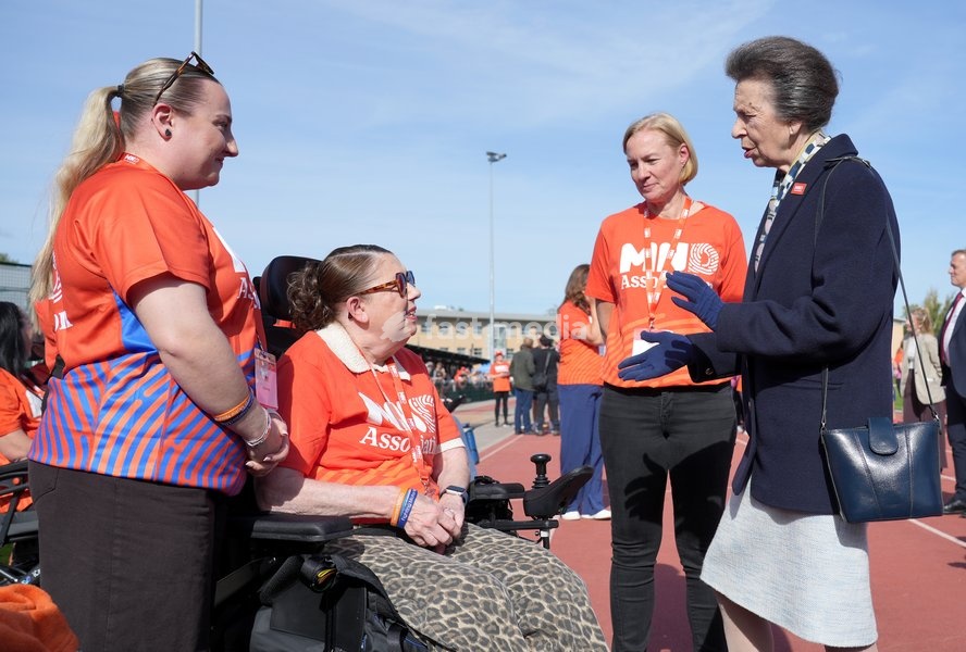 YORK, ENGLAND - SEPTEMBER 28: Princess Anne, Princess Royal shakes hands with Lynne Casey during the 7 in 7: The Grand Finale at the University of York Athletics Track on September 28, 2026 in York, England. Sir Kevin Sinfield is running an ultra marathon every day for seven days to raise money for…