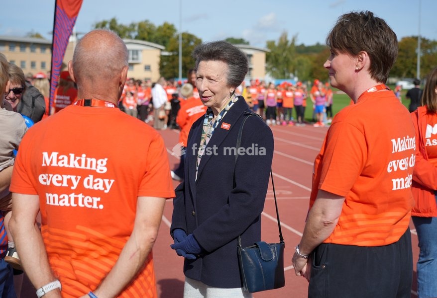 YORK, ENGLAND - SEPTEMBER 28: Princess Anne, Princess Royal speaks with MND Association staff during the 7 in 7: The Grand Finale at the University of York Athletics Track on September 28, 2026 in York, England. Sir Kevin Sinfield is running an ultra marathon every day for seven days to raise money…