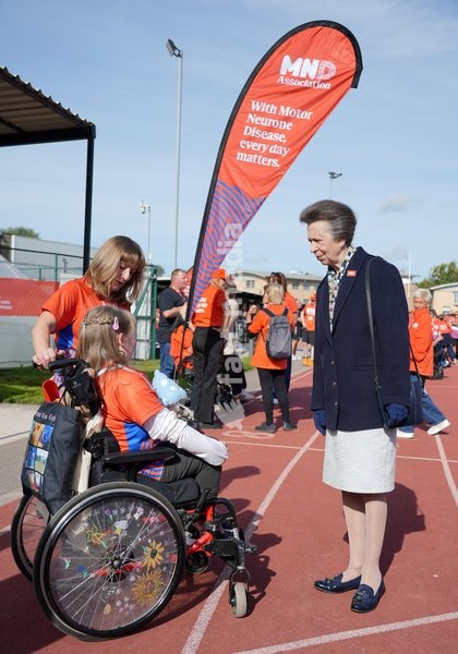YORK, ENGLAND - SEPTEMBER 28: Princess Anne, Princess Royal speaks with MND Association patients during the 7 in 7: The Grand Finale at the University of York Athletics Track on September 28, 2026 in York, England. Sir Kevin Sinfield is running an ultra marathon every day for seven days to raise…