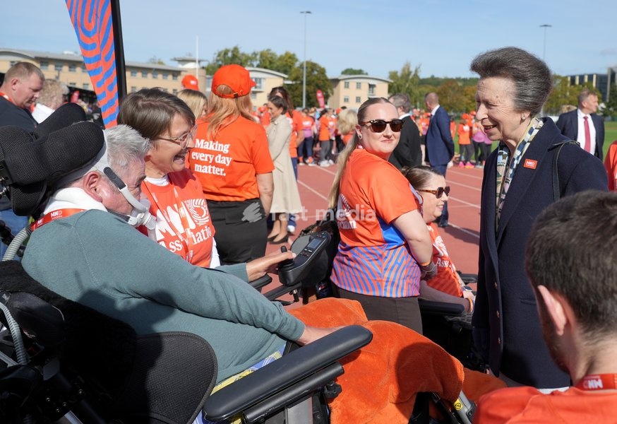 YORK, ENGLAND - SEPTEMBER 28: Princess Anne, Princess Royal speaks with MND Association patients during the 7 in 7: The Grand Finale at the University of York Athletics Track on September 28, 2026 in York, England. Sir Kevin Sinfield is running an ultra marathon every day for seven days to raise…