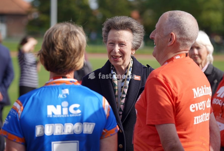 YORK, ENGLAND - SEPTEMBER 28: Princess Anne, Princess Royal laughs with MND Association staff during the 7 in 7: The Grand Finale at the University of York Athletics Track on September 28, 2026 in York, England. Sir Kevin Sinfield is running an ultra marathon every day for seven days to raise money…