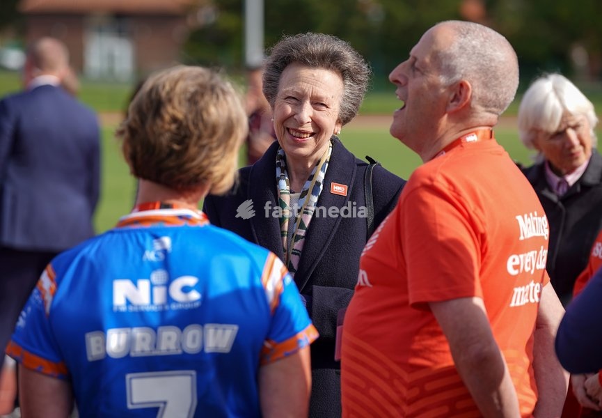 YORK, ENGLAND - SEPTEMBER 28: Princess Anne, Princess Royal laughs with MND Association staff during the 7 in 7: The Grand Finale at the University of York Athletics Track on September 28, 2026 in York, England. Sir Kevin Sinfield is running an ultra marathon every day for seven days to raise money…