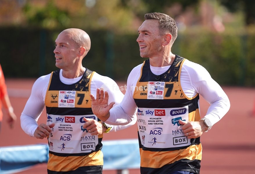 YORK, ENGLAND - SEPTEMBER 28: Sir Kevin Sinfield (R) arrives at the end of his morning’s running block during the 7 in 7: The Grand Finale at the University of York Athletics Track on September 28, 2026 in York, England. Sir Kevin Sinfield is running an ultra marathon every day for seven days to…