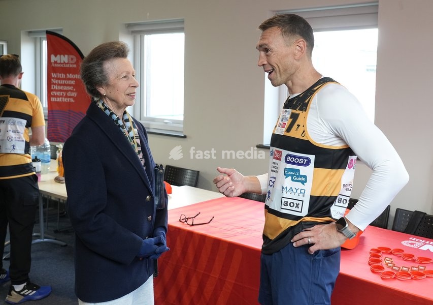 YORK, ENGLAND - SEPTEMBER 28: Princess Anne, Princess Royal speaks with Sir Kevin Sinfield during the 7 in 7: The Grand Finale at the University of York Athletics Track on September 28, 2026 in York, England. Sir Kevin Sinfield is running an ultra marathon every day for seven days to raise money…