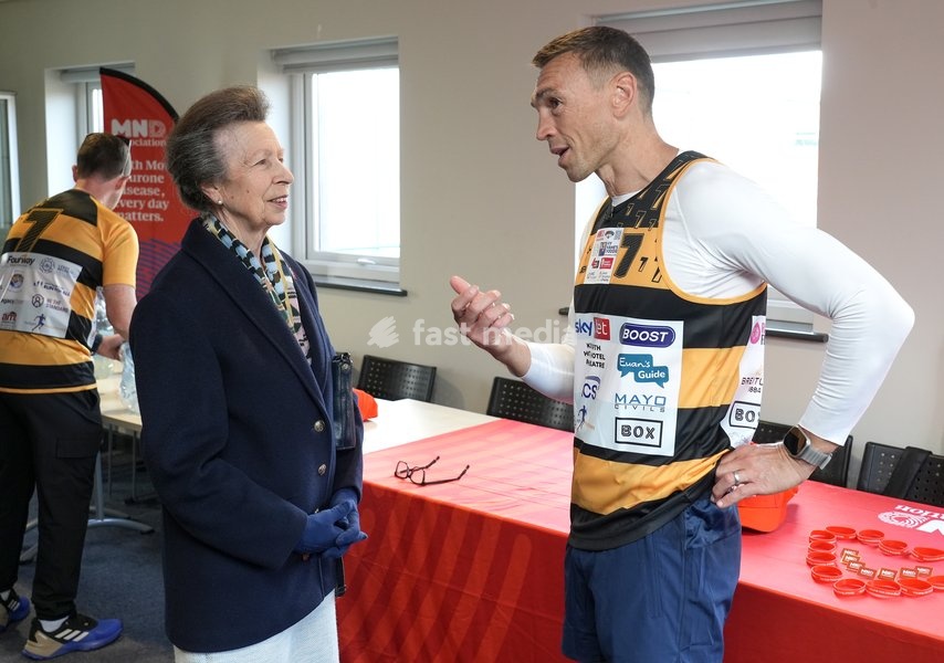 YORK, ENGLAND - SEPTEMBER 28: Princess Anne, Princess Royal speaks with Sir Kevin Sinfield during the 7 in 7: The Grand Finale at the University of York Athletics Track on September 28, 2026 in York, England. Sir Kevin Sinfield is running an ultra marathon every day for seven days to raise money…