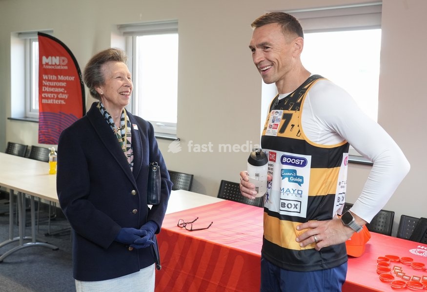 YORK, ENGLAND - SEPTEMBER 28: Princess Anne, Princess Royal laughs as she speaks with Sir Kevin Sinfield during the 7 in 7: The Grand Finale at the University of York Athletics Track on September 28, 2026 in York, England. Sir Kevin Sinfield is running an ultra marathon every day for seven days to…