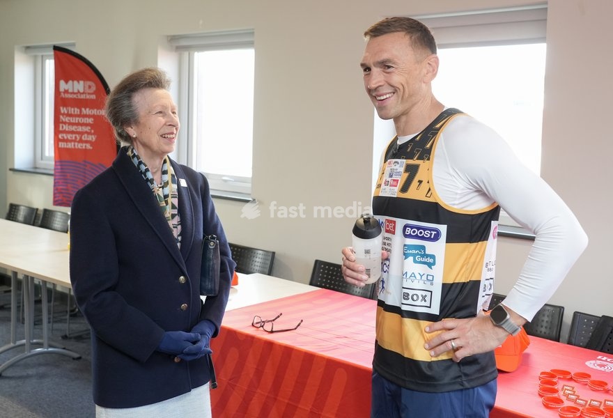 YORK, ENGLAND - SEPTEMBER 28: Princess Anne, Princess Royal laughs as she speaks with Sir Kevin Sinfield during the 7 in 7: The Grand Finale at the University of York Athletics Track on September 28, 2026 in York, England. Sir Kevin Sinfield is running an ultra marathon every day for seven days to…