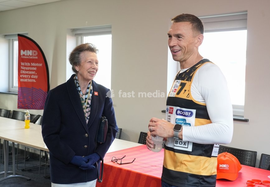 YORK, ENGLAND - SEPTEMBER 28: Princess Anne, Princess Royal laughs as she speaks with Sir Kevin Sinfield during the 7 in 7: The Grand Finale at the University of York Athletics Track on September 28, 2026 in York, England. Sir Kevin Sinfield is running an ultra marathon every day for seven days to…