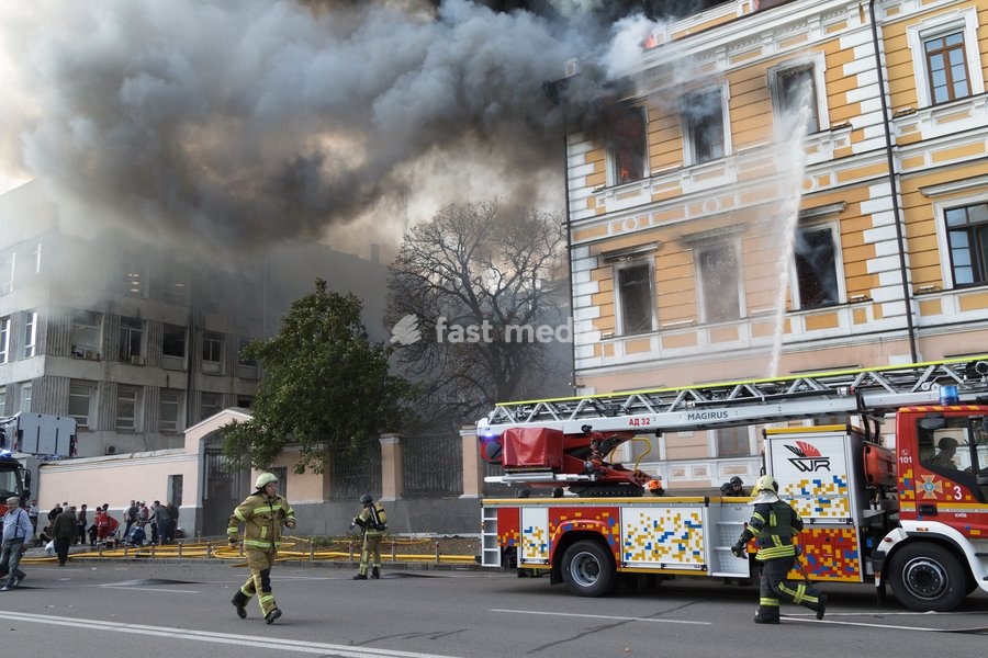 Rescuers extinguish a fire in the National Academy of Sciences building, which is engulfed in flames after being hit by a Russian drone, Kyiv, Ukraine, September 28, 2026. One person was killed and three others injured in the attack