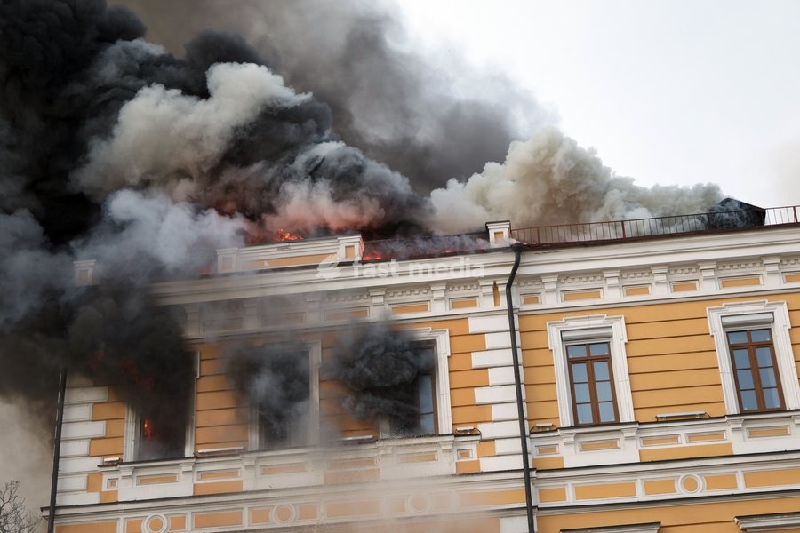 The National Academy of Sciences building is engulfed in flames after being hit by a Russian drone, Kyiv, Ukraine, September 28, 2026. One person was killed and three others injured in the attack