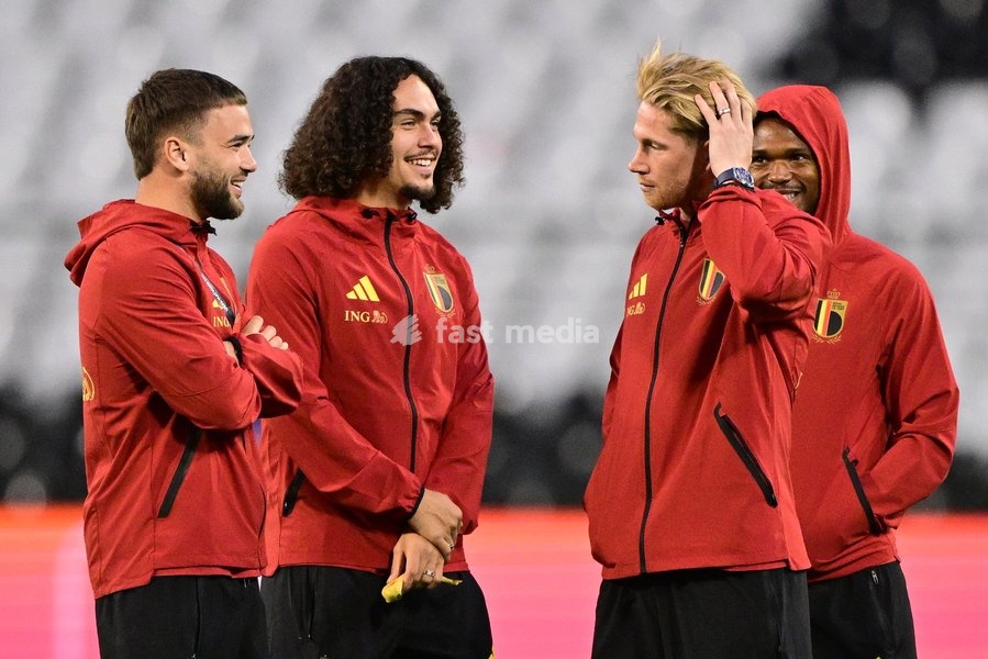 Belgium's Nicolas Raskin; Belgium's Arthur Theate and Belgium's Kevin De Bruyne pictured ahead of a soccer game between Belgian national team Red Devils and France, on Monday 28 September 2026 in Brussels, the second game of the UEFA Nations League group stage