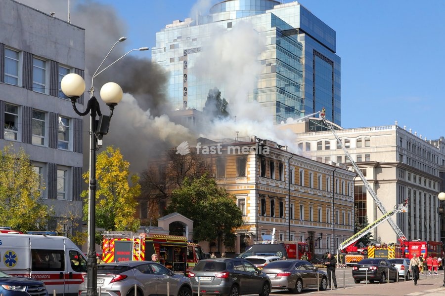 A rescuer uses an aerial work platform to extinguish a fire in the National Academy of Sciences building, which is engulfed in flames after being hit by a Russian drone, Kyiv, Ukraine, September 28, 2026. One person was killed, and three others were injured in the attack