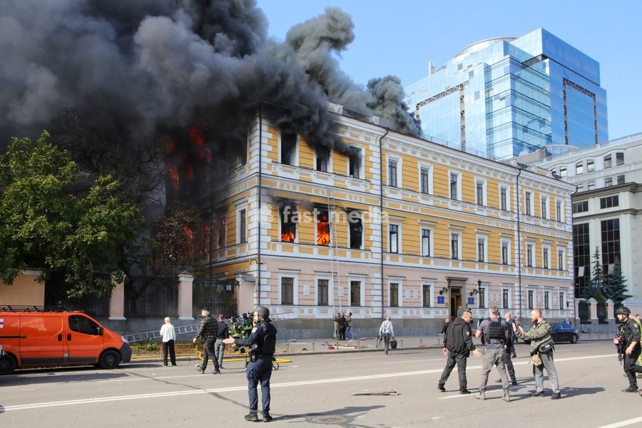 The National Academy of Sciences building is engulfed in flames after being hit by a Russian drone, Kyiv, Ukraine, September 28, 2026. One person was killed, and three others were injured in the attack