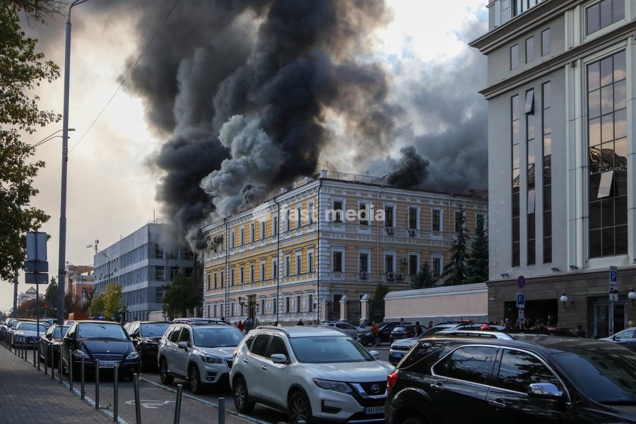 The National Academy of Sciences building is engulfed in flames after being hit by a Russian drone, Kyiv, Ukraine, September 28, 2026. One person was killed, and three others were injured in the attack