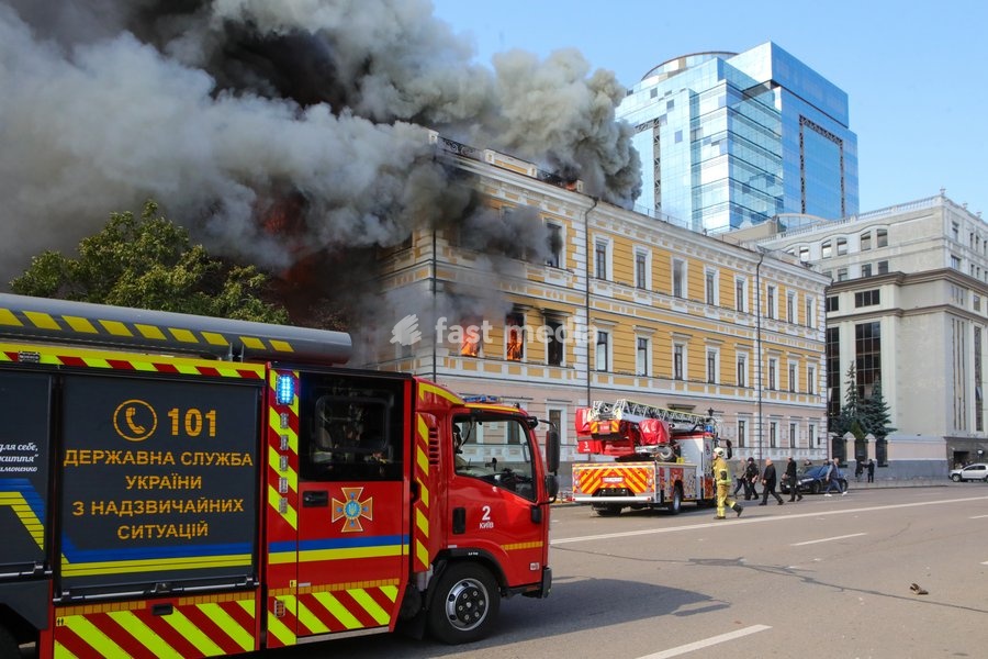 Rescuers work to extinguish a fire at the National Academy of Sciences building, which is engulfed in flames after being hit by a Russian drone, Kyiv, Ukraine, September 28, 2026. One person was killed, and three others were injured in the attack