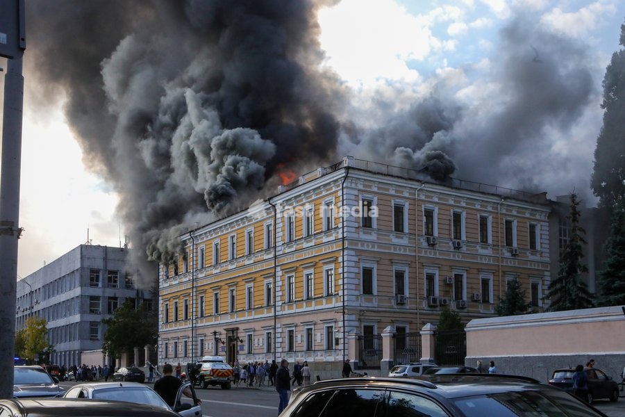 The National Academy of Sciences building is engulfed in flames after being hit by a Russian drone, Kyiv, Ukraine, September 28, 2026. One person was killed, and three others were injured in the attack