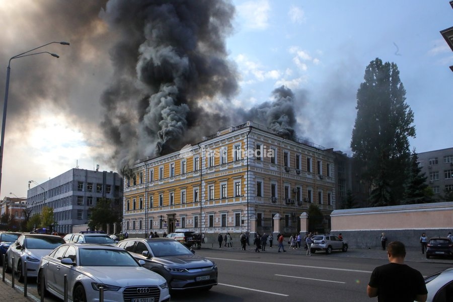 The National Academy of Sciences building is engulfed in flames after being hit by a Russian drone, Kyiv, Ukraine, September 28, 2026. One person was killed, and three others were injured in the attack
