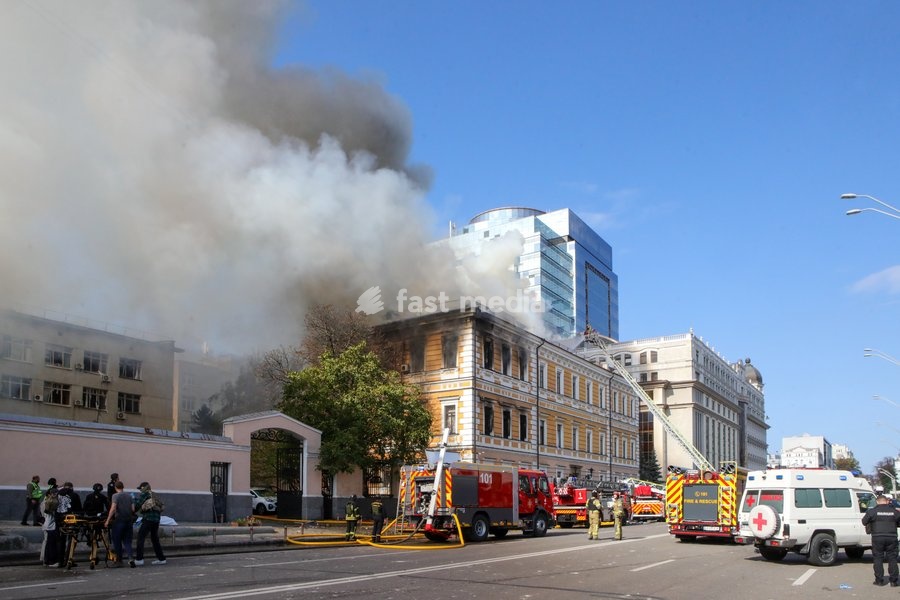Rescuers work to extinguish a fire at the National Academy of Sciences building, which is engulfed in flames after being hit by a Russian drone, Kyiv, Ukraine, September 28, 2026. One person was killed, and three others were injured in the attack