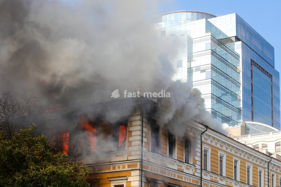 The National Academy of Sciences building is engulfed in flames after being hit by a Russian drone, Kyiv, Ukraine, September 28, 2026. One person was killed, and three others were injured in the attack