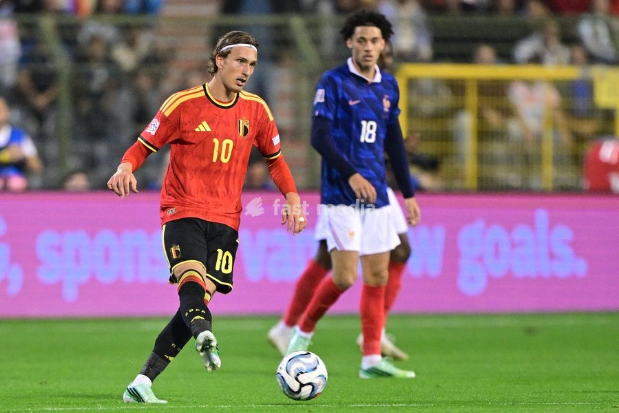 Belgium's Mika Godts pictured during a soccer game between Belgian national team Red Devils and France, on Monday 28 September 2026 in Brussels, the second game of the UEFA Nations League group stage