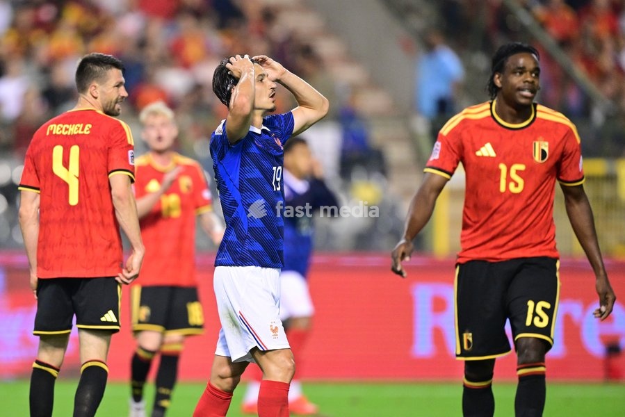 France's Esteban Lepaul; Belgium's Nathan Ngoy and Belgium's Brandon Mechele pictured during a soccer game between Belgian national team Red Devils and France, on Monday 28 September 2026 in Brussels, the second game of the UEFA Nations League group stage