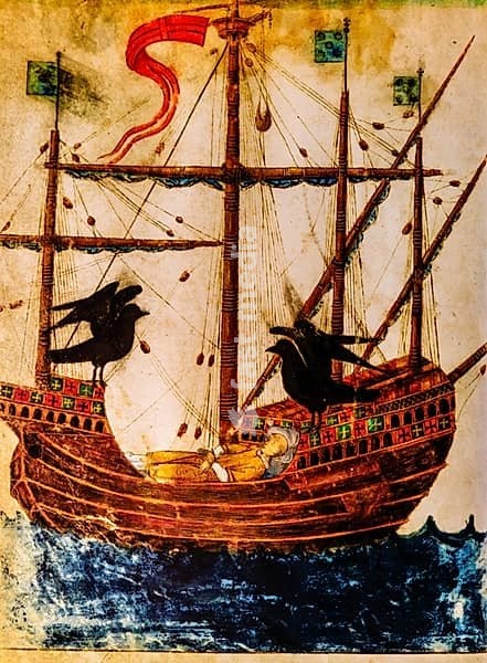 Medieval manuscript, historical depiction of Saint Vincent of Lisbon in a ship, accompanied by his legendary ravens, Museu da Fortaleza de Sagres, historic fortress, Portugal, Sagres, Algarve, Portugal