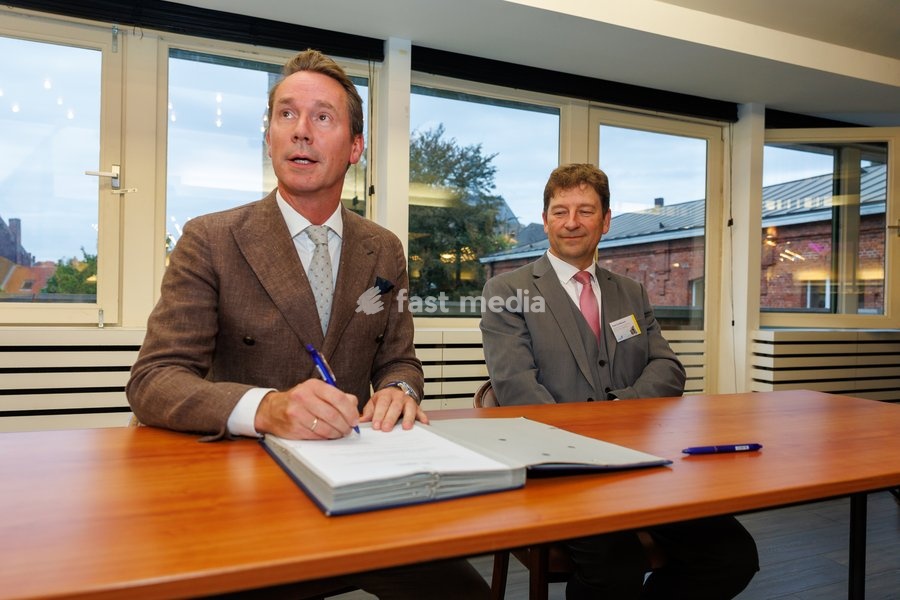 Flemish Minister for Agriculture and Environment Jo Brouns and West-Flanders governor Koen Surdiacourt pictured during the oath taking ceremony as acting governor of West Flanders, on Wednesday 30 September 2026, in Brugge