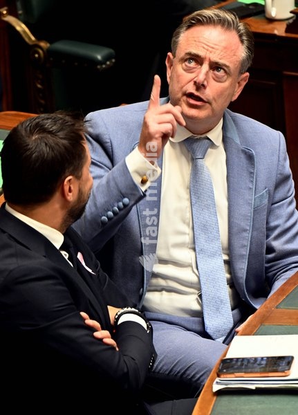 Prime Minister Bart De Wever and MR's Georges-Louis Bouchez pictured during a plenary session of the Chamber at the federal parliament in Brussels., Thursday 1 October 2026. This is the 'rentree' session after the summer break