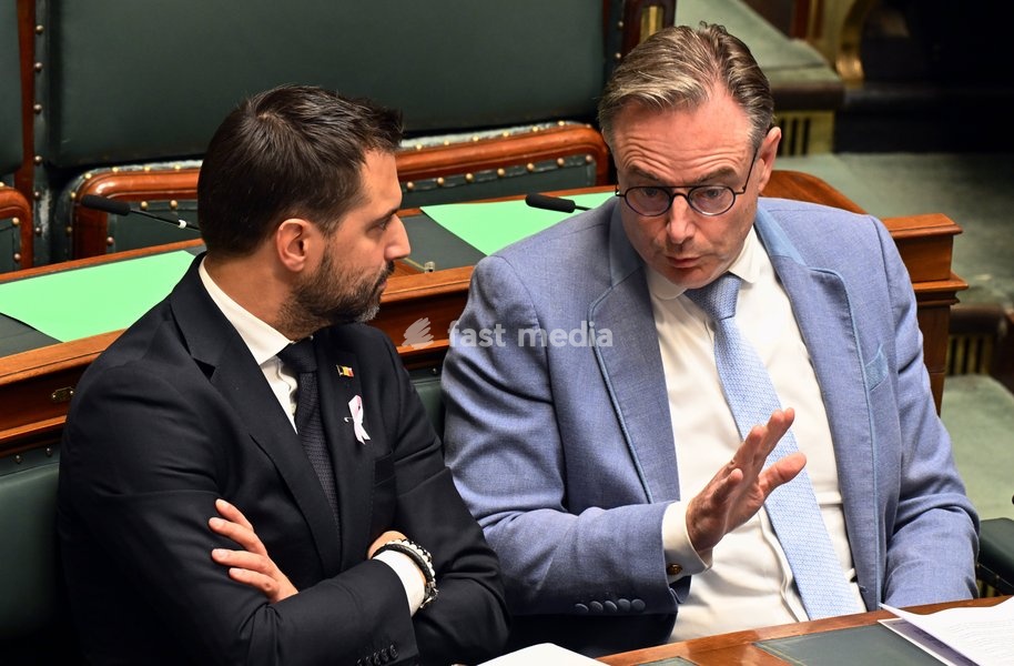 Prime Minister Bart De Wever and MR's Georges-Louis Bouchez pictured during a plenary session of the Chamber at the federal parliament in Brussels., Thursday 1 October 2026. This is the 'rentree' session after the summer break