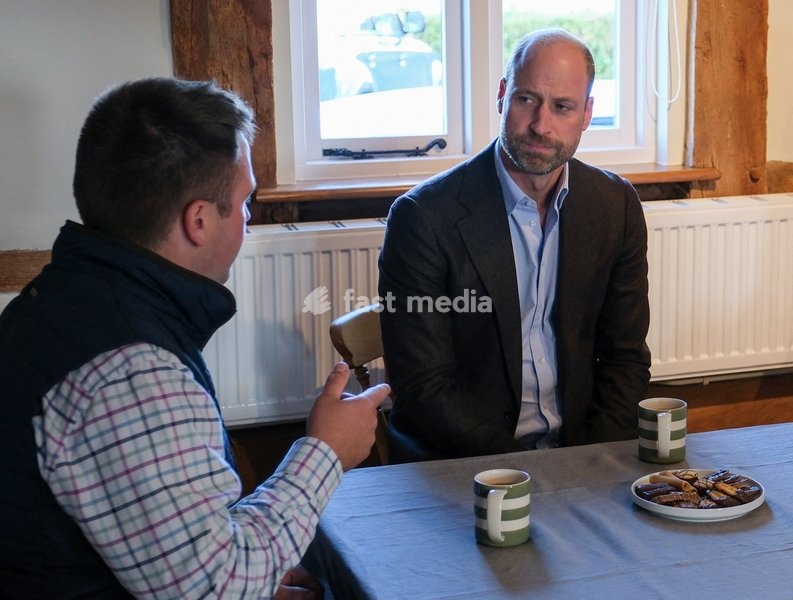 Britain's Prince William meets Harry Davies, the incoming tenant of the Duchy of Cornwall's first regenerative Farm Business Tenancy, during a visit to examine the role of regenerative farming in climate resilience in Hereford, Britain, October 1, 2026