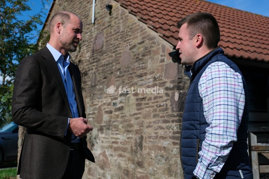 Britain's Prince William meets Harry Davies, the incoming tenant of the Duchy of Cornwall's first regenerative Farm Business Tenancy, during a visit to examine the role of regenerative farming in climate resilience in Hereford, Britain, October 1, 2026