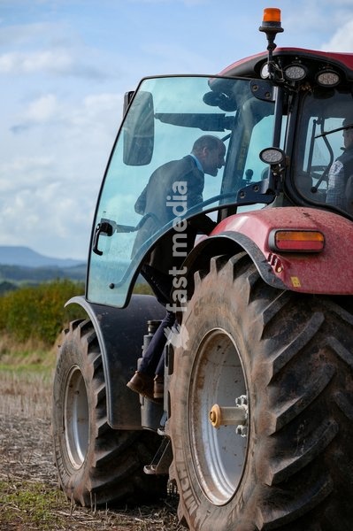 Britain's Prince William enters a farming vehicle as he meets Harry Davies, the incoming tenant of the Duchy of Cornwall's first regenerative Farm Business Tenancy, during a visit to examine the role of regenerative farming in climate resilience, in Hereford, Britain, October 1, 2026