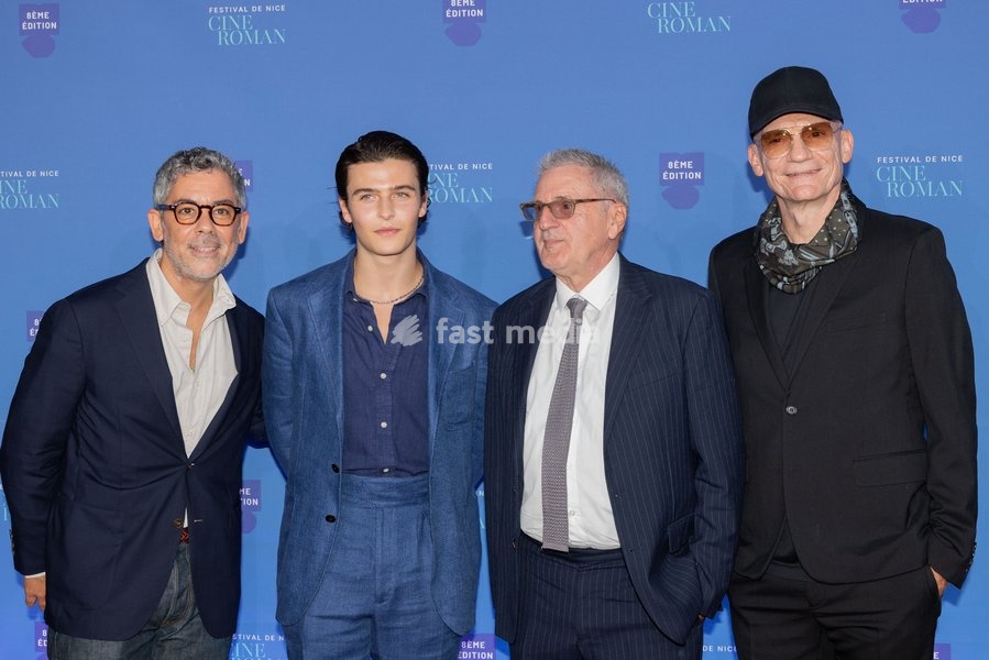 Members of the CinéRoman jury in Nice: , Jury President Daniel Auteuil, Malik Frikah, , Manu Payet, and Gaëtan Roussel, Pathé Gare du Sud, Nice, France