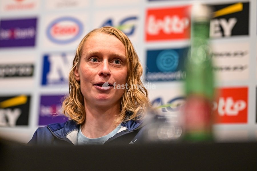 Belgian Lotte Claes is pictured during a press conference ahead of the cycling European Championships, in Ljubljana, Slovenia, Friday 2 October 2026. The UEC road championships are taking place from 03 to 07 October