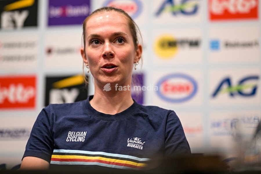 Belgian Sandrine Tas is pictured during a press conference ahead of the cycling European Championships, in Ljubljana, Slovenia, Friday 2 October 2026. The UEC road championships are taking place from 03 to 07 October