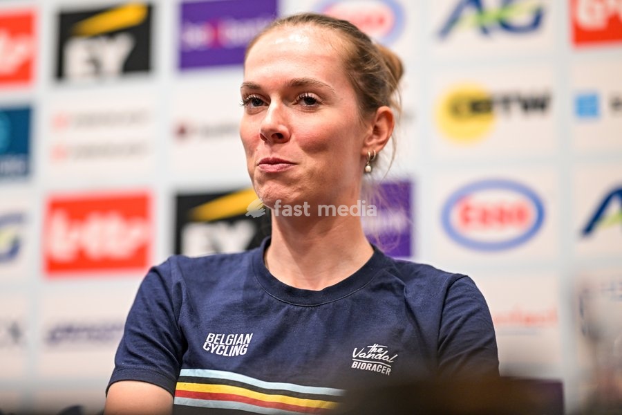Belgian Sandrine Tas is pictured during a press conference ahead of the cycling European Championships, in Ljubljana, Slovenia, Friday 2 October 2026. The UEC road championships are taking place from 03 to 07 October